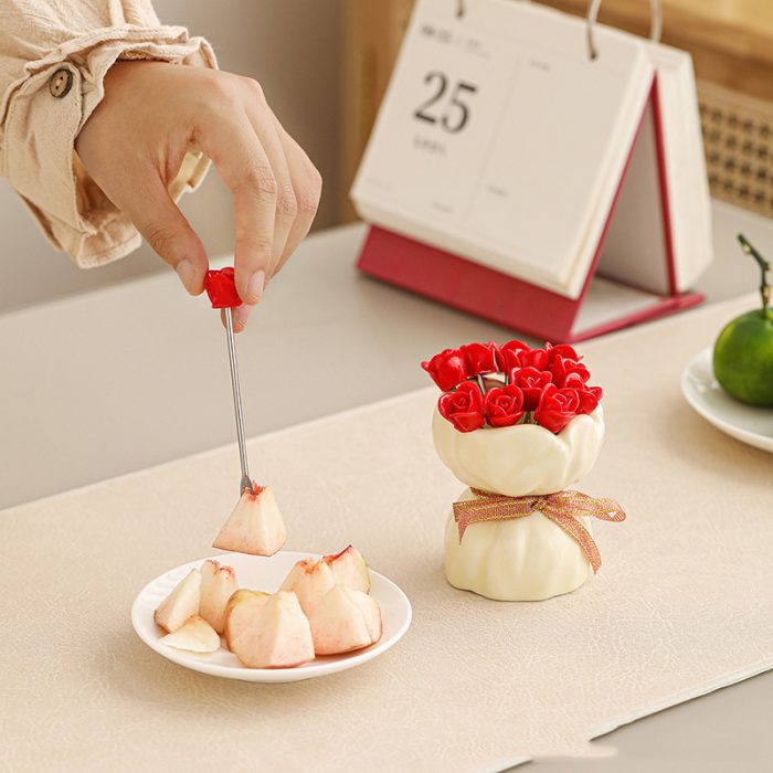 Rose Flower Fruit Fork Set Storage Jar Ceramic Home Living Room Girly High Aesthetic Creative Cute Dessert Fork - Image 4