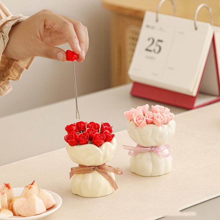 Rose Flower Fruit Fork Set Storage Jar Ceramic Home Living Room Girly High Aesthetic Creative Cute Dessert Fork - Image 2